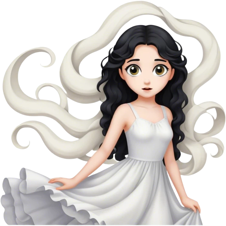 beautiful and pretty 16-year-old woman with big eyes, long wavy black hair, gray eyes, fair skin, wearing a white dress, and striking a pose emoji