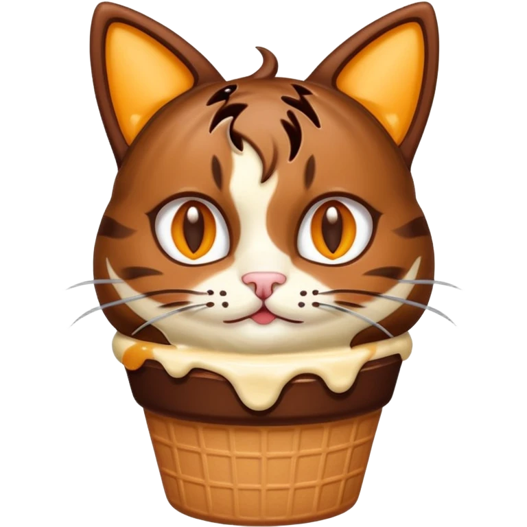 Haz un emoji de un helado de chocolate con sirope naranja, con cara de gato y orejas y bigotes de gato emoji