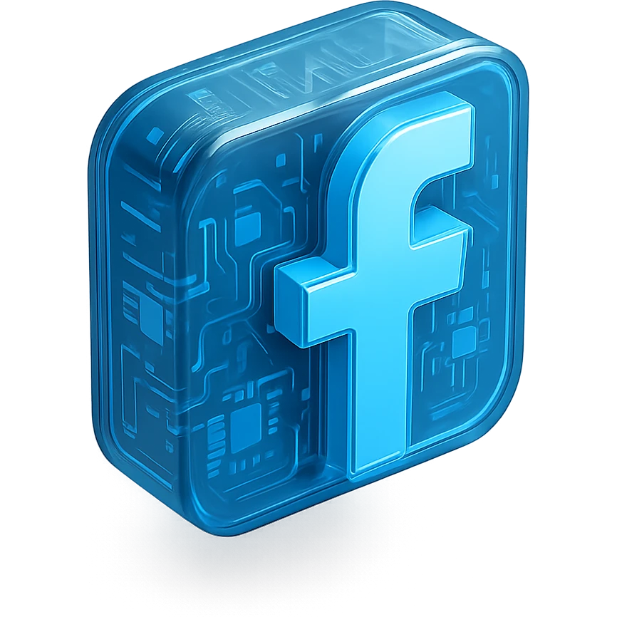 Facebook logo, modern and tech-inspired, glossy circuit style, transparent background emoji