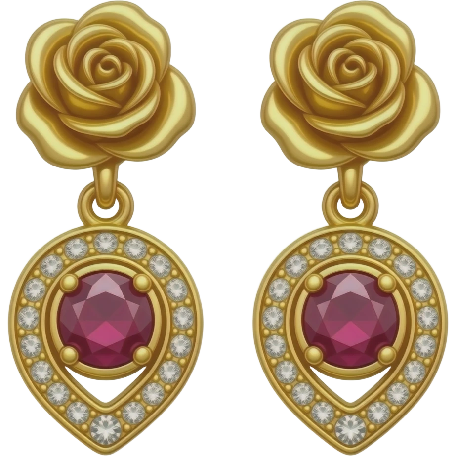 Hyper Realistic isolated, detailed, gold Dolce and Gabbana gold earrings with ruby gemstone roses emoji