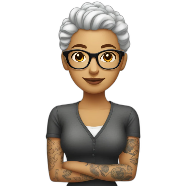 Bald man with tattoos. Young curly-haired lady wearing glasses emoji
