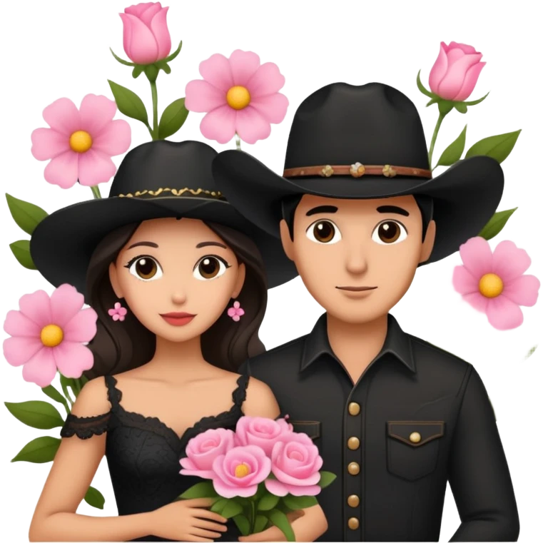 couple in front of Eiffel Tower, man in black cowboy hat, woman in elegant dress, pink flowers around emoji