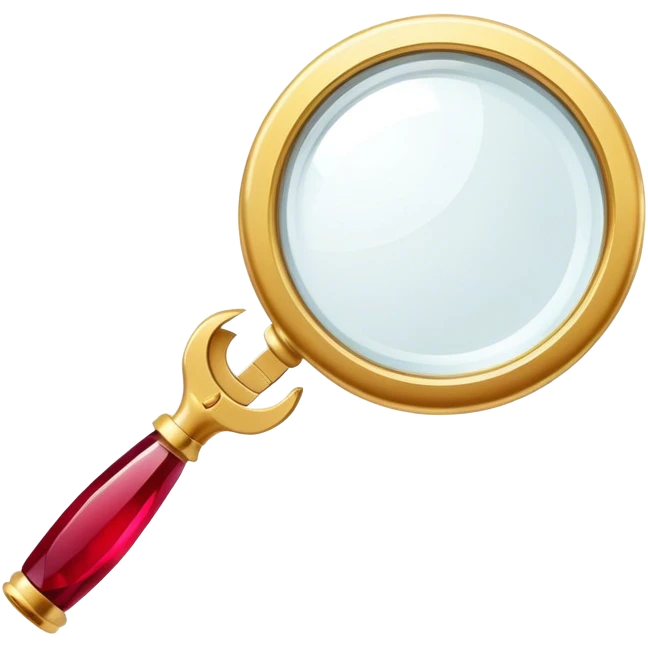 Jewelry art icon, golden ring with a ruby viewed through a magnifying glass, visible pliers beside it, minimalistic style, clean lines, transparent background. emoji