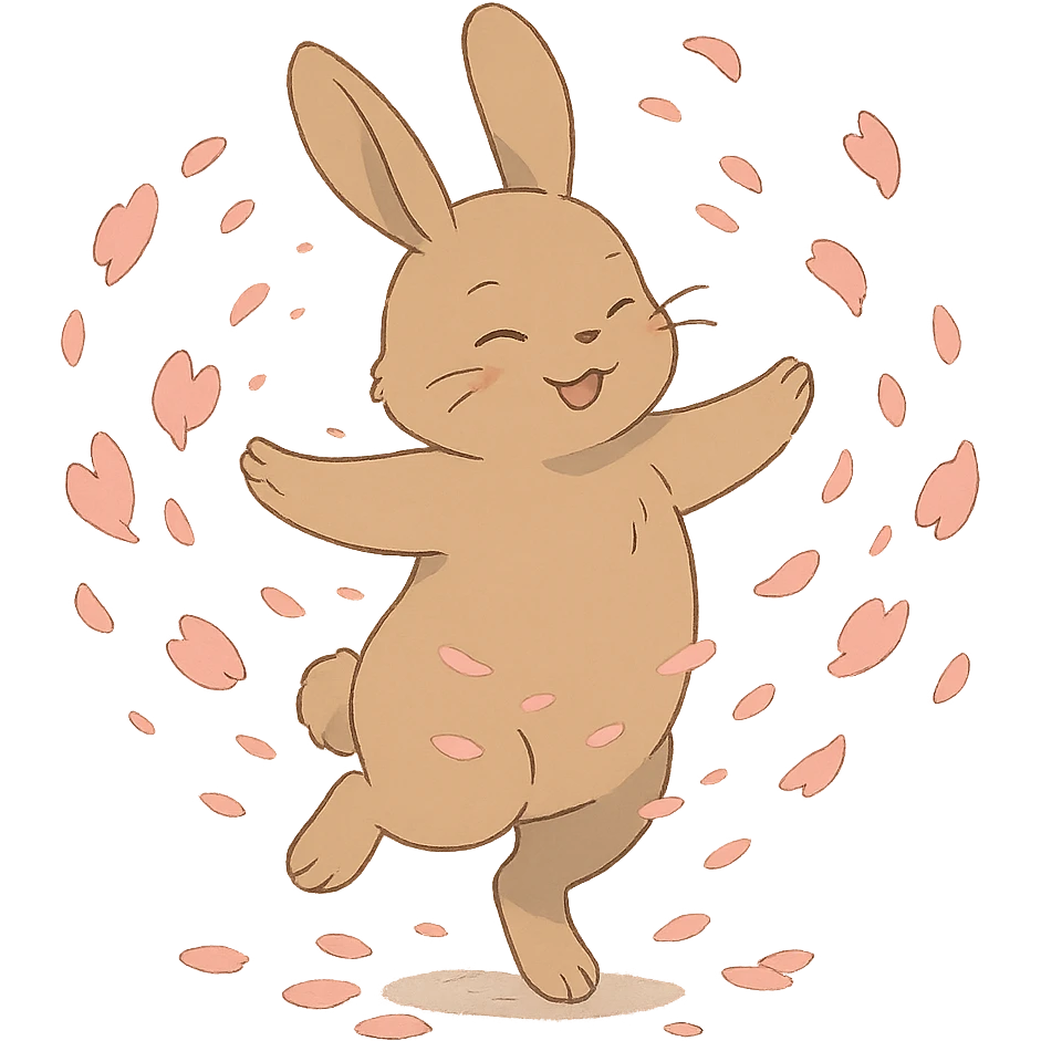 pale brown bunny spinning with flower petals around, soft ghibli style emoji
