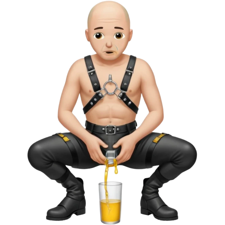submissive bald man on his knees in a black leather harness standing man in leather, pouring piss down his throat emoji