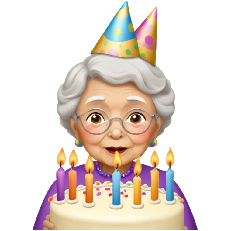 Grandma blowing out birthday candles wearing a party hat emoji