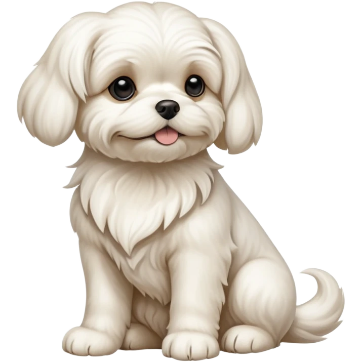 detailed-[Maltese dog]-realistic-full-body-sitting-emoji,-tail-resting-loosely-beside-its-paws,-head-tilted-dramatically, -wavy-[cream white]-fur,-simplified-yet-realistic-focused-features,-highly-detailed,-glowing-with-an-almost-sarcastic-glow emoji