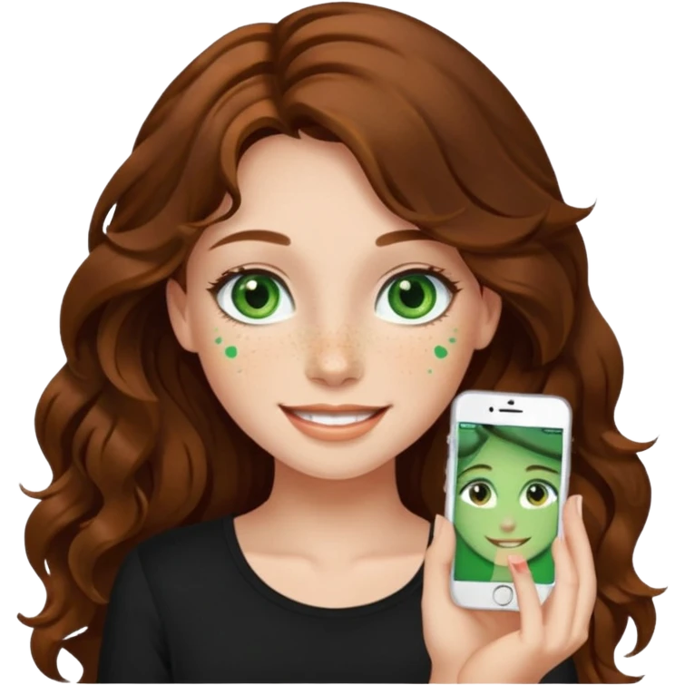Girl with long wavy brown hair, green eyes, freckles and a black top on. Make her smile  emoji