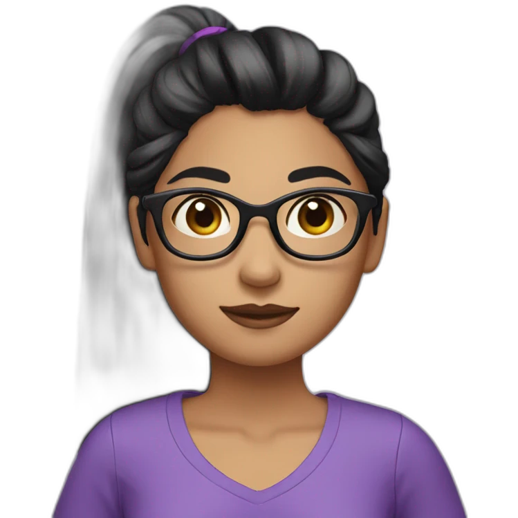 A girl with black hair with a long ponytail and rond glasses and violet sweet shirt  emoji