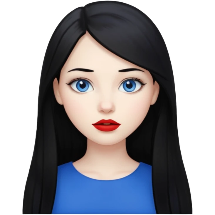 20 yr old woman long straight black hair, pale skin, blue eyes, red lipstick emoji