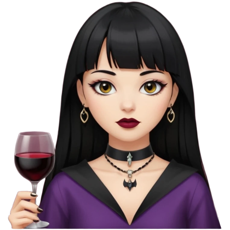 mulher cabelos pretos longos e lisos com uma franja curta acima dos olhos, olhos pretos com delineado, expressão séria, com um sorriso sensual e lábios cor de vinho, ela usa uma gargantilha preta com um pequeno pingente de morcego preto emoji