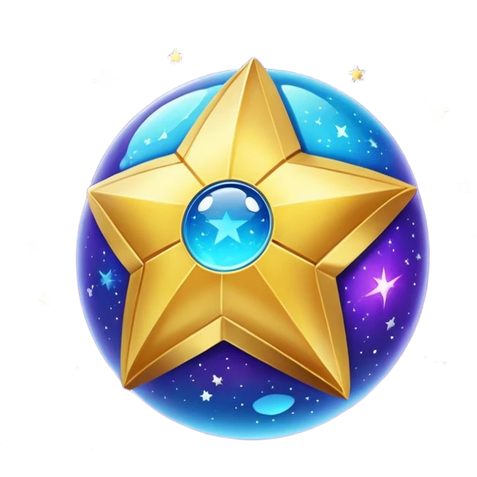 Uma esfera translúcida com reflexos roxos e azuis envolve uma estrela dourada brilhante no centro, criando um visual etéreo e futurista emoji