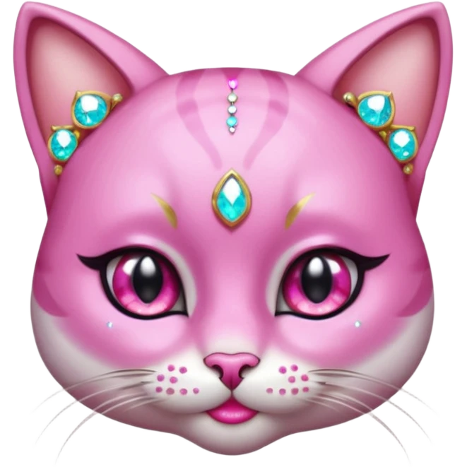 glamorous cat portrait, head and shoulders only, exaggerated pink makeup, bright eyeshadow, long eyelashes, shiny blush cheeks, sparkling face gems, glitter accents, elegant earrings, fantasy beauty style, cute 3D cartoon, mobile game icon style, clean background, no text, no watermark
 emoji