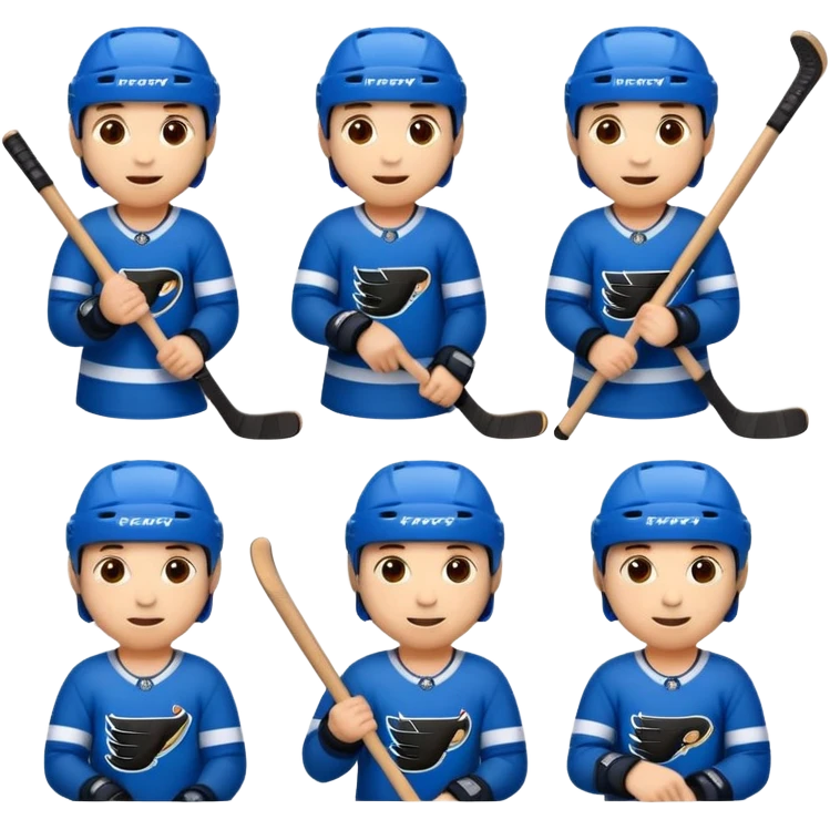 Set of 8 hockey sticker emojis for kids: happy player with a puck, tired player, celebratory player, player cheering, hockey helmet, hockey stick, ice rink, and team logo. emoji