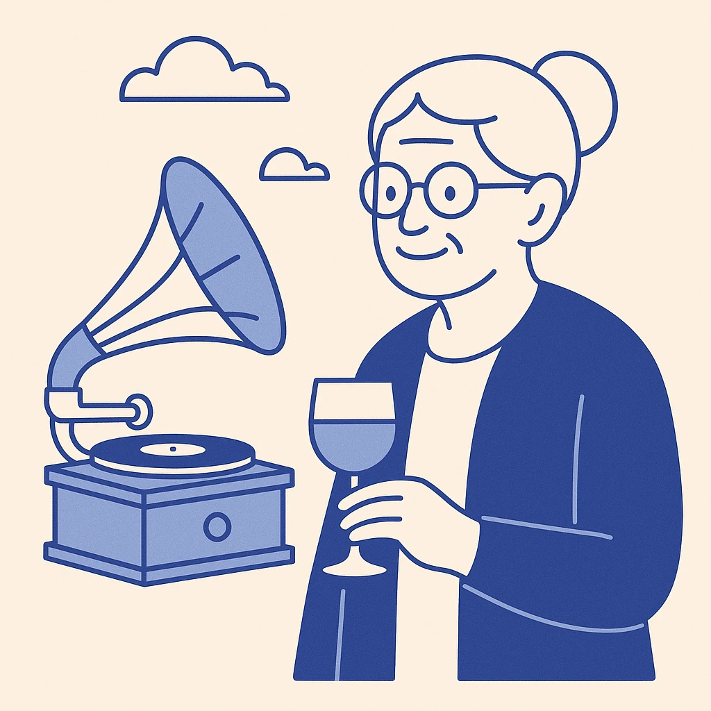 old lady with wineglass listening to gramophone emoji