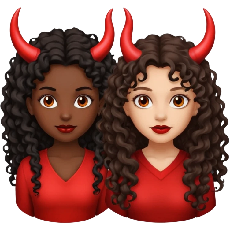 Dark skin, dark, curly hair girl with devil horns and light skinned girl with dark long wavy hair with Devil horns emoji