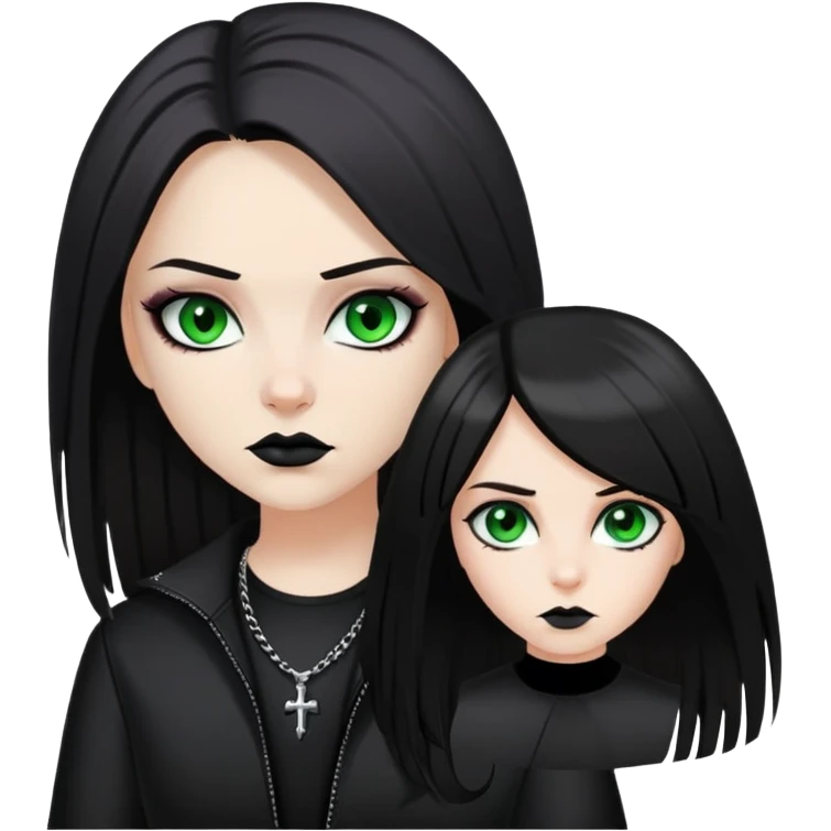 white girl, dark hair, goth style, straight hair, green eyes, without lipstick, dodge challenger emoji