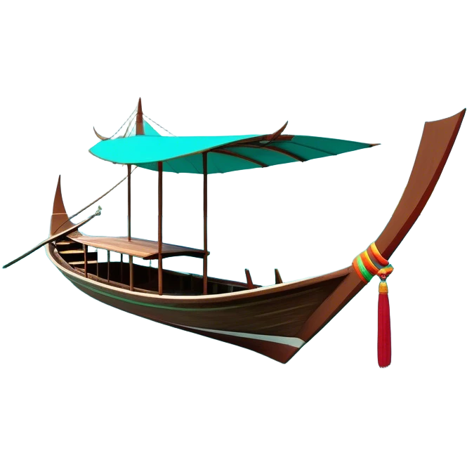 ​Cinematic Realistic Authentic Thai Longtail Boat, depicted as a traditional wooden longtail boat with a sleek, elongated hull and a brightly painted canopy, its long tail fin cutting gracefully through turquoise waters under a clear tropical sky, rendered with vibrant textures and dynamic natural lighting that captures its rustic charm and cultural heritage, emoji