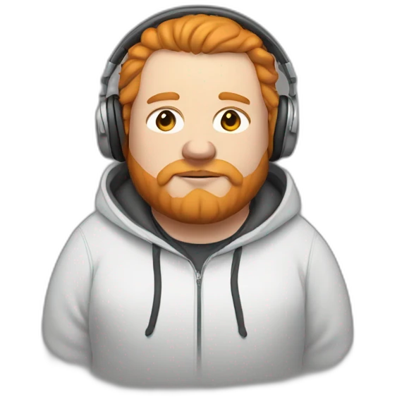 fat white man wearing a hoodie with a hood on, headphones on, ginger hair and beard emoji