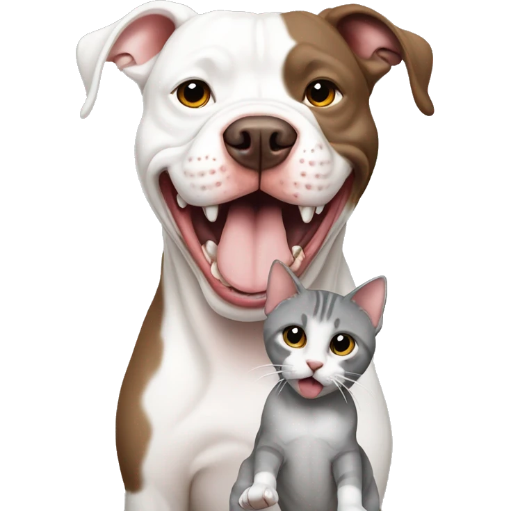 A white and brown pitbull licking a gray cat lovingly as buddies emoji