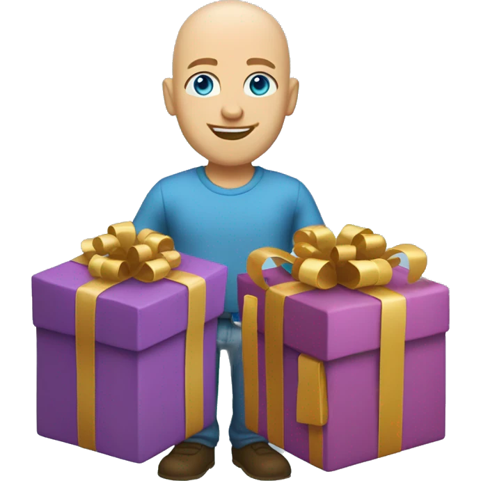 Full body Blue eye bald Caucasian man getting presents emoji