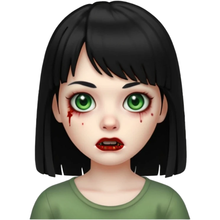 A zombie girl in Apple Memoji format with long, straight black hair and bangs. emoji