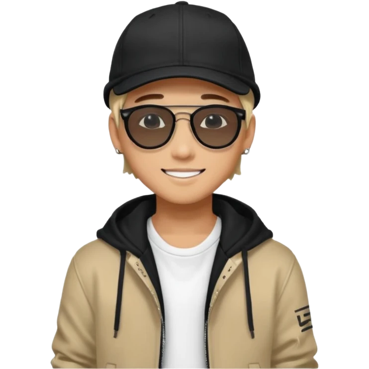 Portrait of a male K-pop idol, wearing a stylish streetwear outfit with layered clothing, makeup, wearing a black cap, happy, sunglasses emoji