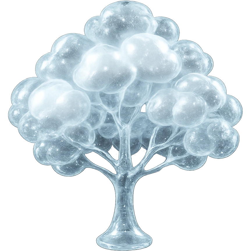 one tree with many branches and a white trunk, crown made of small very bright white fluffy convex clouds, matte glass style emoji