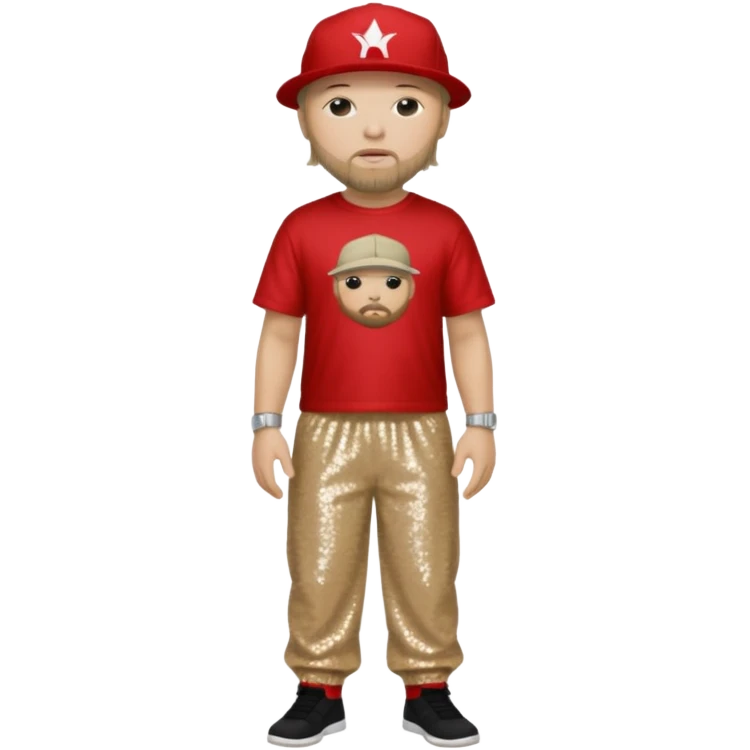 Fred Durst with dark blonde hair, red sequin crop top, beige sequin baggy pants emoji