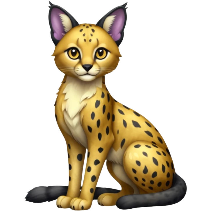 Colorful adorable sitting shiny spectral glittery soft smooth black gloomy dark dull melanistic black-and-gold-glittery wealthy luxurious accessorized elegant beautiful pretty Caracal-Cheetah-Serval-Snow-Leopard-Trico-Sergal-Vernid-fusion-hybrid-animal-creature, full body emoji