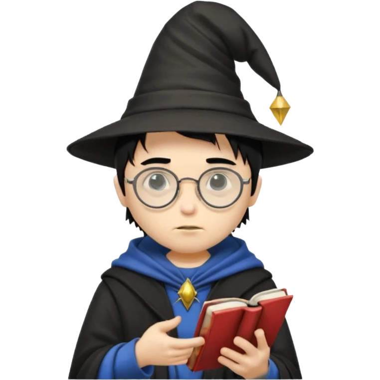 ["A sad boy with light skin, straight hair, wearing a wizard hat and round glasses, dressed in punk fashion, is reading a book while holding a phone."] emoji