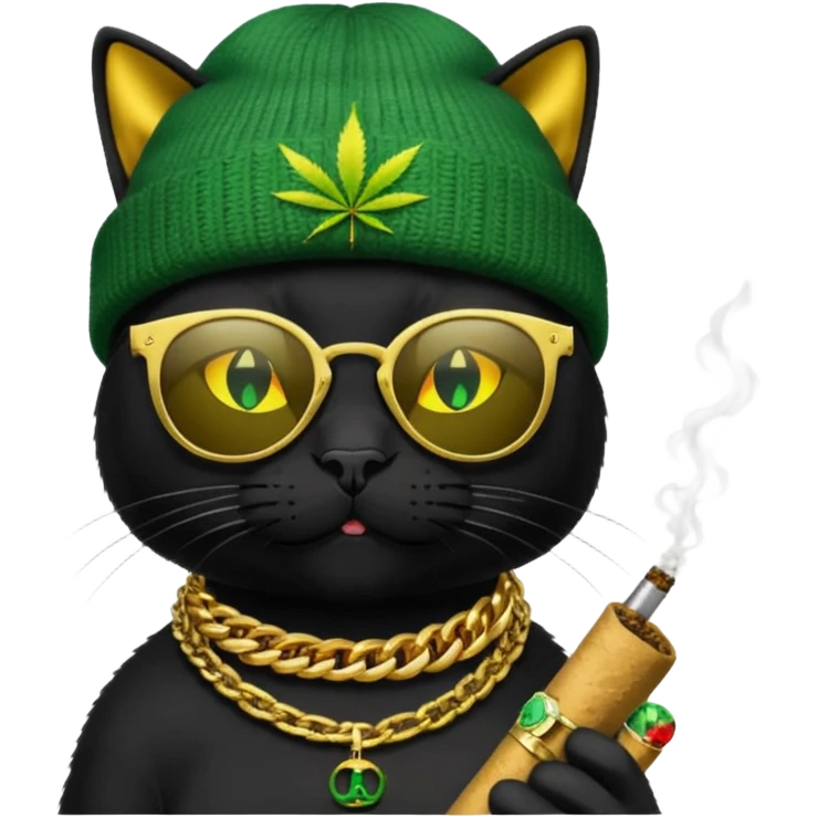 A black cat wearing the deal with it shades and a rasta beanie and smoking a joint and wearing a gold chain that says 420 and the words High Time at the top of the image emoji