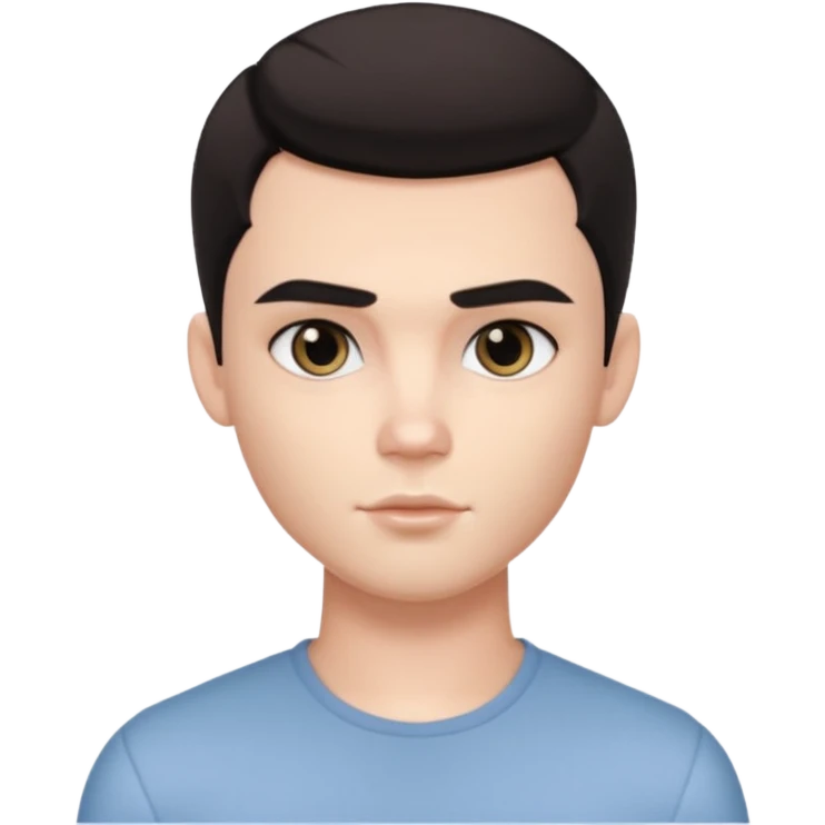 Very pretty handsome bratz man,  short dark hair, has black eyes , pale skin, defined jawline emoji