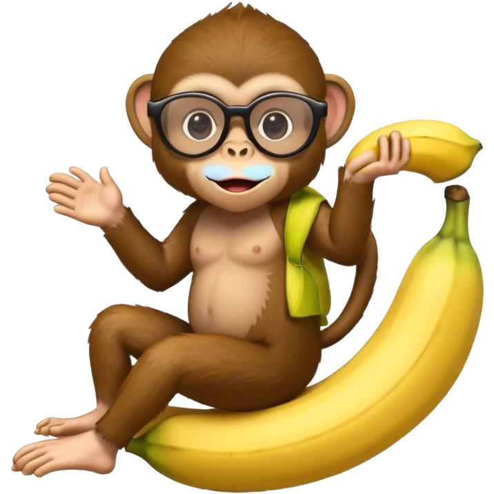 A monkey with cool glasses riding on a banana emoji