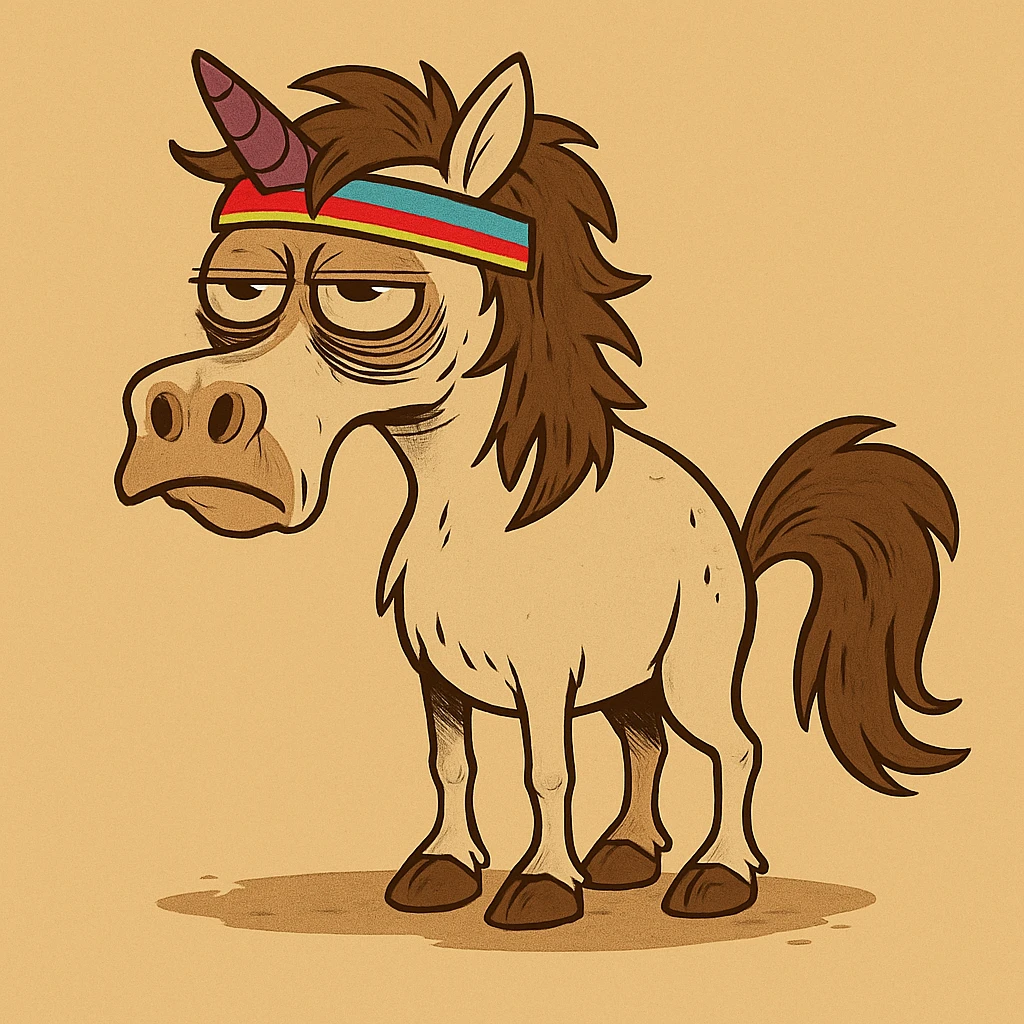 Remove the bathrobe and coffee cup from the unicorn. Add a cheerful, bright headband. Keep the cartoonish style, unicorn remains disgusting and rumpled with bags under his eyes and a drooping horn. emoji