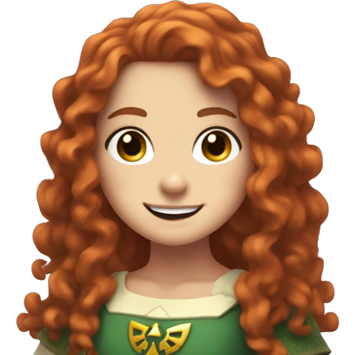 a white girl with long red curly hair and freckles, cosplaying Zelda posing and smiling emoji