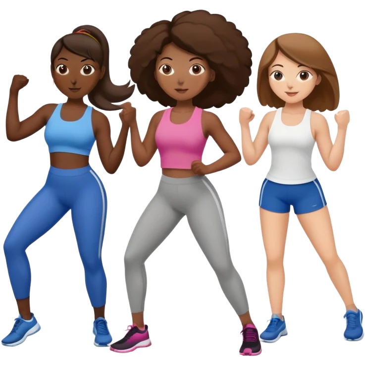 three women friends exercising together, one black woman with brown hair, two white women with brown hair emoji
