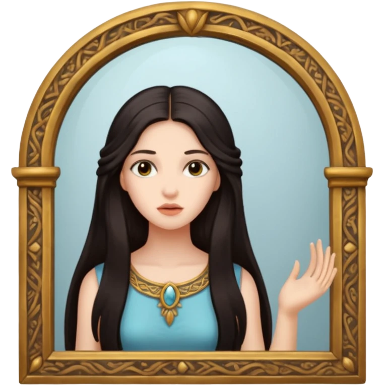 Woman facing ancient mirror, reflection slightly delayed and darker emoji