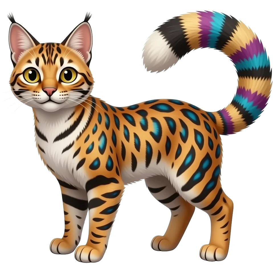 Colorful Tribal-Patterned vernid-Civet-Genet-Bengal-Cat-Bobcat-Caracal-Serval-animal-hybrid-mix fantasy creature LiLaiRa Kamirah Falvie whiskers paws full body gradient stripes tufted tail feline emoji