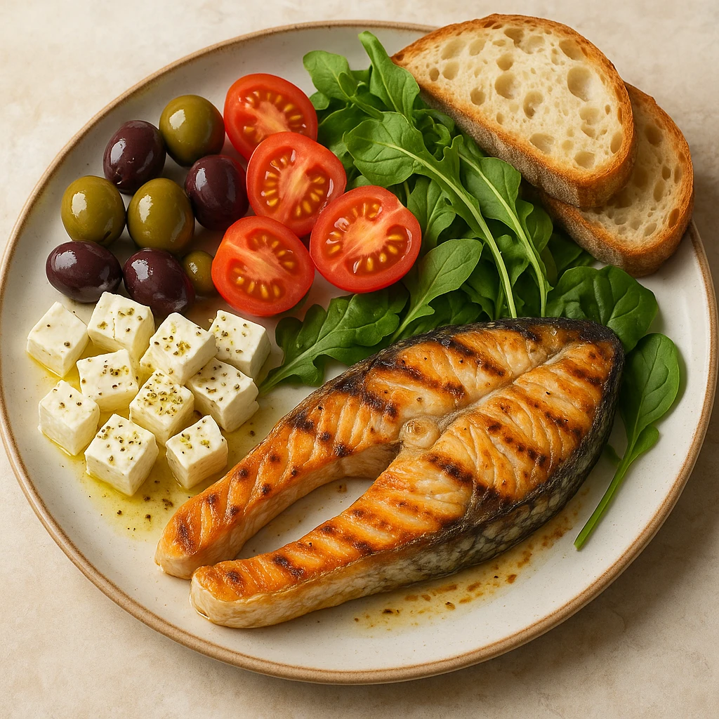 realistic illustration of a colorful Mediterranean meal plate with olives, tomatoes, feta cheese, grilled fish, bread, and fresh greens emoji