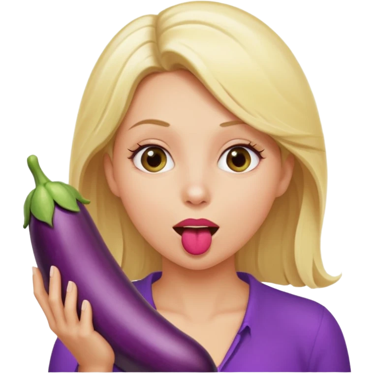 Blonde women stuffing her mouth using her hand with an big eggplant emoji