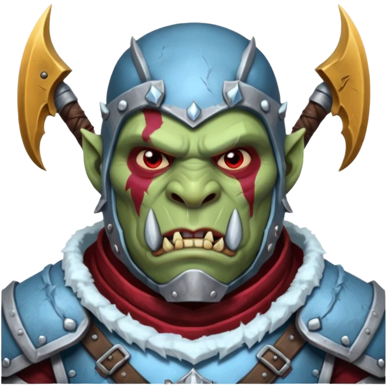 
Fantasy Christmas orc legion soldier icon, iron tundra army theme, heavy winter armor, disciplined brutal look, icy blue steel armor with deep crimson accents, frozen metal texture, cold winter atmosphere, male variant emoji