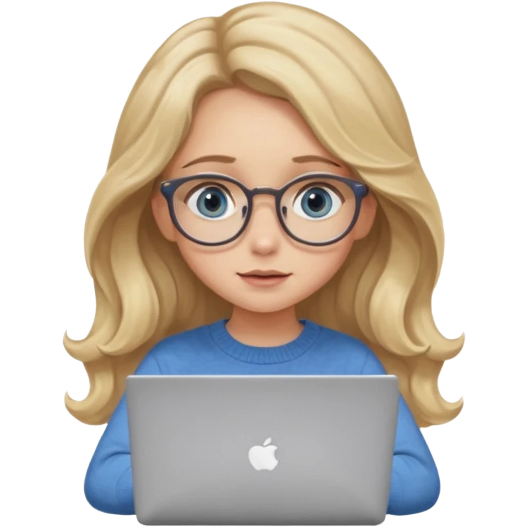 blonde girl with long dark blonde wavy hair, blue big eyes, pantos-style glasses, a brown colored sweater, sitting and looking in laptop, soft pastel, upper body shot emoji