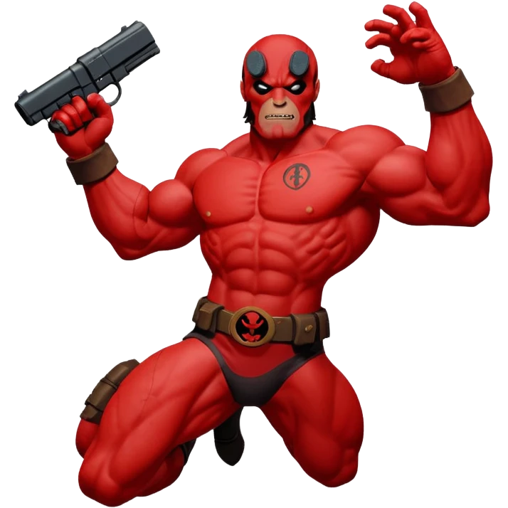 cinematic realistic superhero Hellboy by Mike Mignola jumps and shoots emoji