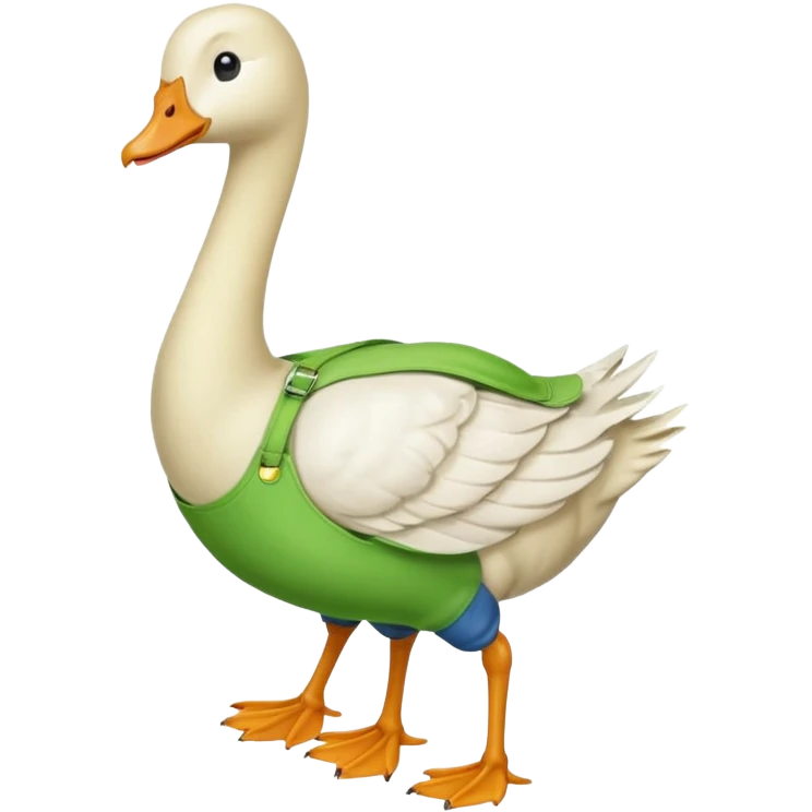 "Emoji of a white running goose with a very very long neck and two legs. The goose wears bright green dungarees." emoji