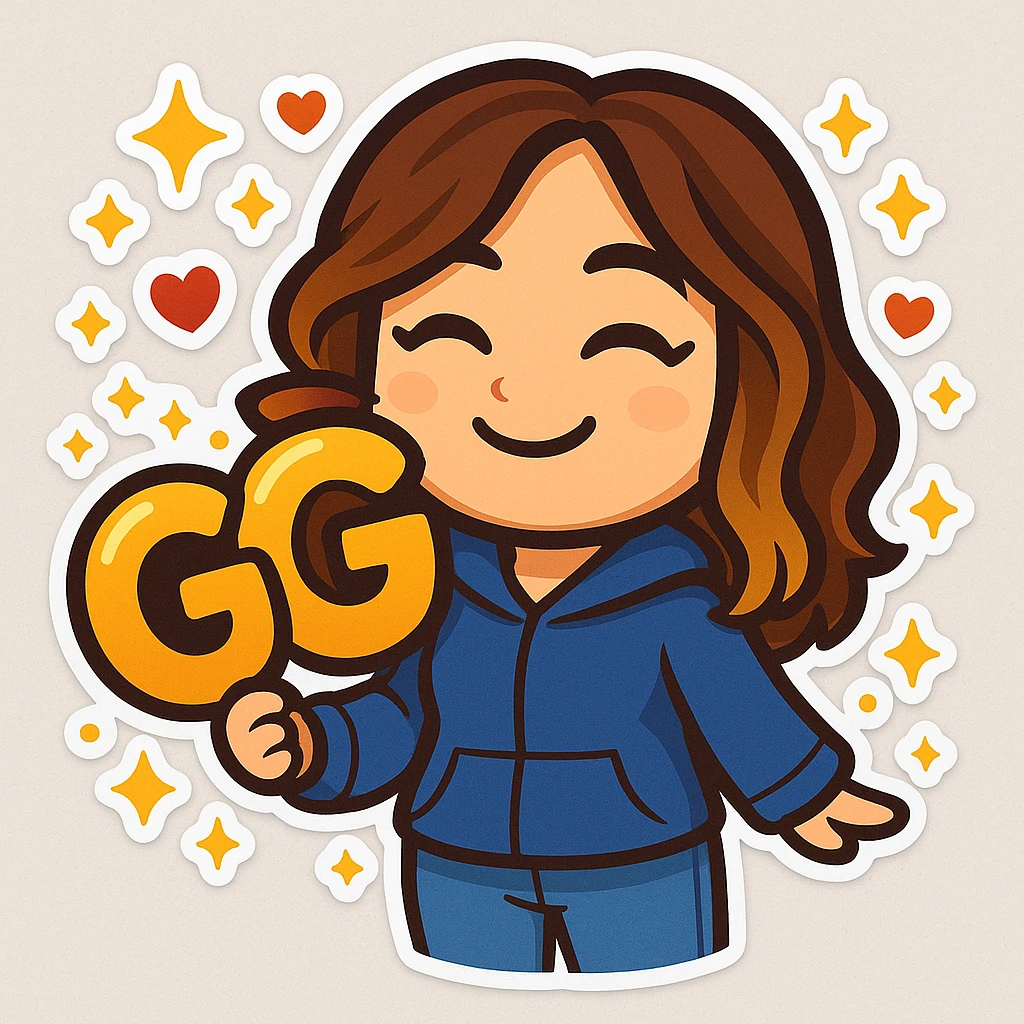 Sticker style chibi emote of the woman from the reference images, wearing a blue hoodie and jeans, holding a large, bubbly 'GG' sign with hearts and sparkles around it, making a cute happy face, no headband, no wand, transparent background. emoji