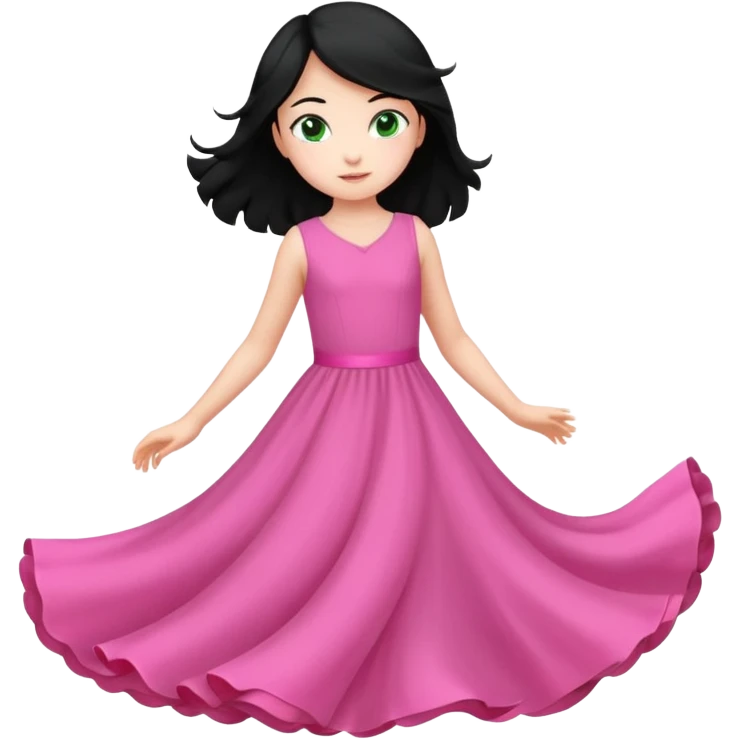 Una chica de 10 años volando con la piel clara el pelo negro y los ojos verdes con un vestido largo y rosa emoji