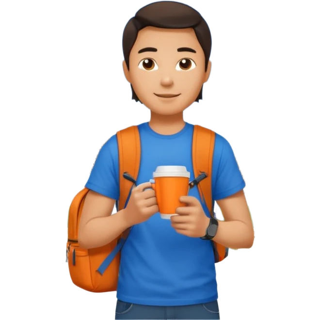 an asian man in blue t-shirt with orange cup of coffee and backpack on the back. Eiffel tower on the background. shoulder length  emoji