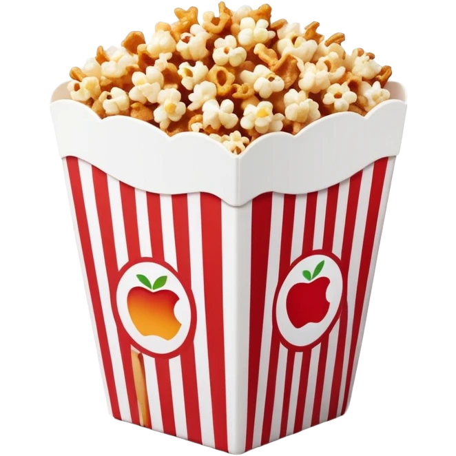 minimalist caramel popcorn box with thin red and white stripes, tiny popcorn pieces visible, clean simple design, Apple emoji style emoji