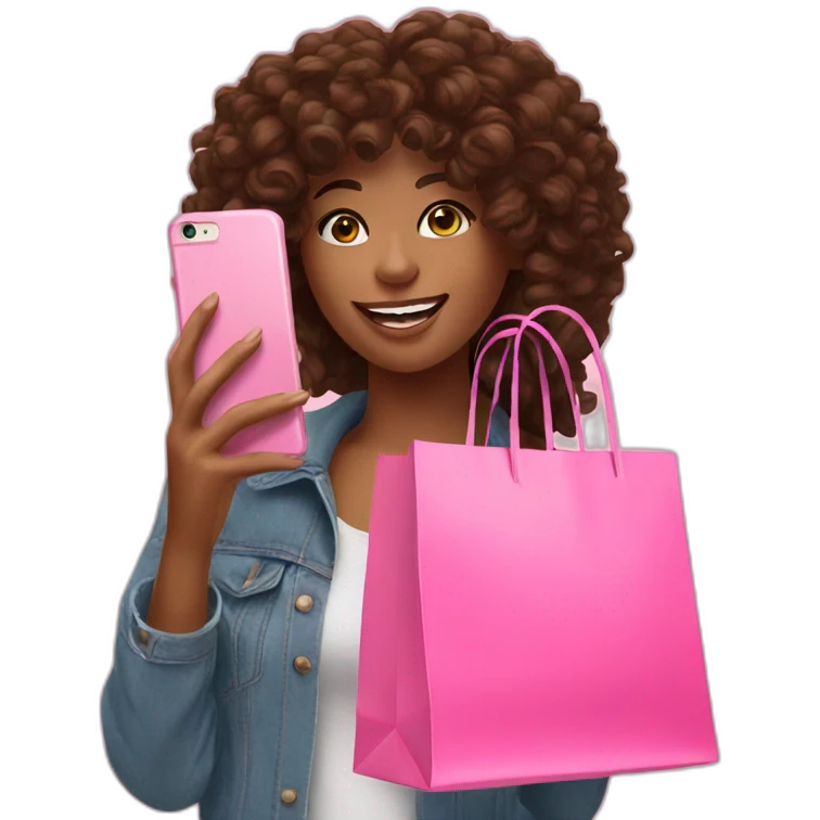 influencer taking selfie with a pink shopping bag emoji